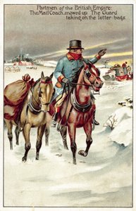 La carrozza postale innevata, la guardia che prende in consegna i sacchi delle lettere (litografia a colori)
