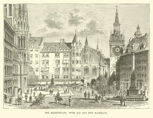 La Marienplatz, con il vecchio e nuovo Rathaus da English School