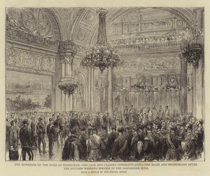 Il matrimonio del Duca di Edimburgo, lo Zar e la Zarina congratulano la sposa e lo sposo dopo il servizio nuziale inglese nella Sala Alessandro da English School