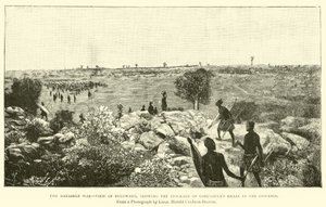 La guerra dei Matabele, vista di Buluwayo, con la palizzata del kraal di Lobengula in lontananza da English School