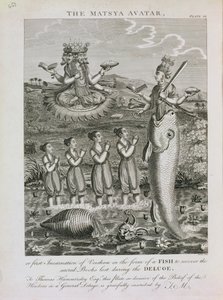 Il Matsya Avatar, o la Prima Incarnazione di Vishnu in Forma di Pesce per Recuperare i Libri Sacri Persi Durante il Diluvio, inciso da Barlow
