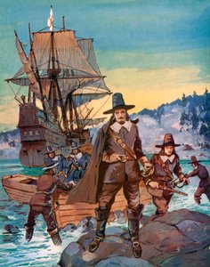 Il Mayflower e i Padri Pellegrini (litografia a colori)