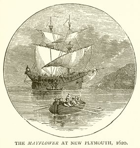 Il Mayflower a New Plymouth, 1620 da English School