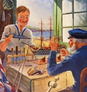 Il tocco di Nelson, modellisti navali vecchi e giovani (litografia a colori) da English School