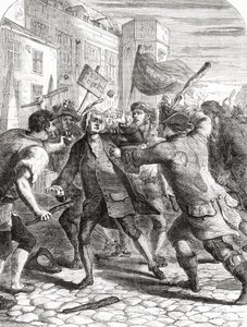 I rivoltosi del "No-Popery" attaccano i membri del Parlamento a Palace Yard, Westminster, Londra durante le rivolte di Gordon del 1780 da English School