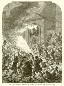 I rivoltosi anti-cattolici incendiano la prigione di Newgate, 1780 da English School