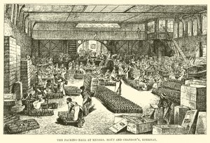La sala di imballaggio presso Messrs Moet e Chandon, Epernay (incisione)