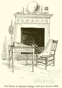 Il salotto nel cottage di Chawton, con la scrivania di Jane Austen da English School
