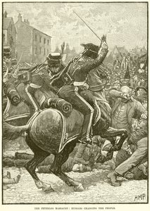Il massacro di Peterloo: gli ussari che caricano il popolo da English School