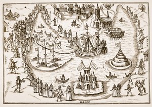 Lo stagno a Elvetham durante la visita della regina Elisabetta, da The Honourable Entertainment given to the Queens Majestie in Prgresse at Elvetham in Hampshire by the Right Honble the Earl of Hertford, 1591 da English School
