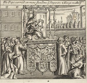 Il Papa portato sulle spalle degli uomini, gli imperatori e i re che camminano davanti, illustrazione da Atti e Monumenti di John Foxe, nona edizione, pub. 1684 da English School