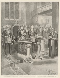 Il principe di Galles, Gran Maestro, che costituisce la Chancery Bar Lodge of Freemasons, No 2456, nella Lincoln