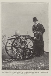 Il Principe di Galles che spara con una mitragliatrice Maxim, il signor Maxim accanto (incisione) da English School