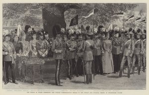 Il Principe di Galles presenta le medaglie commemorative del Giubileo alle truppe indiane e coloniali a Buckingham Palace (litografia) da English School