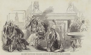 La Sala del Disegno della Regina, Sua Maestà ispeziona i Modelli del Royal Exchange di Mr Tite da English School