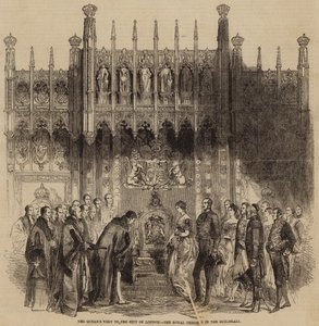 La visita della Regina alla Città di Londra, il trono reale nella Guildhall (incisione)
