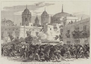 La rivoluzione in Spagna, combattimento alla barricata nel quartiere de Los Vinas, Cadice (incisione) da English School
