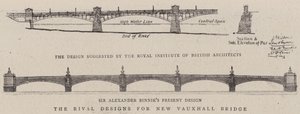 I progetti rivali per il nuovo ponte di Vauxhall (incisione) da English School