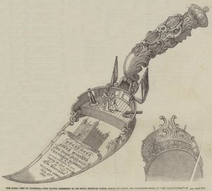 La visita reale a Liverpool, la cazzuola presentata a Sua Altezza Reale il Principe Alberto durante la posa della prima pietra della "Casa dei Marinai" (incisione) da English School