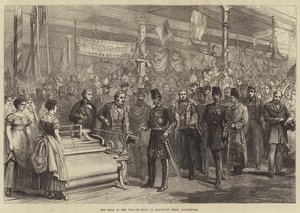 Lo Scià nella sala di tessitura dei mulini di Haworth, Manchester da English School