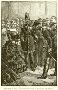Lo Scià di Persia che presenta il suo seguito alla Regina a Windsor da English School