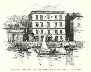 The Steel Yard, ecc, Thames Street, dopo il Grande Incendio del 1666 (incisione) da English School