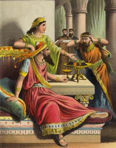La storia della regina Ester: Ester accusa Aman (litografia a colori) da English School
