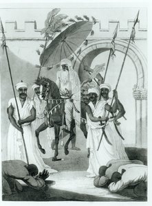 Il Sultano del Marocco esce per dare udienza, da Viaggi attraverso la Francia e la Spagna fino al Marocco di Maurice Keatinge, pubblicato nel 1817 da English School