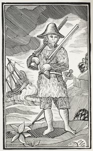 La sorprendente vita e le più strane avventure di Robinson Crusoe della città di York, marinaio, illustrazione da Chap-books del XVIII secolo di John Ashton, pub. 1882