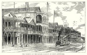 Il capolinea della ferrovia di Panama a Colon (Aspinwall) (incisione) da English School