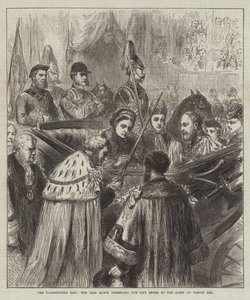 Il Giorno del Ringraziamento, il Sindaco che presenta la Spada della Città alla Regina a Temple Bar (incisione) da English School