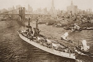 La corazzata degli Stati Uniti, Texas, che parte dal porto di New York, illustrazione da 