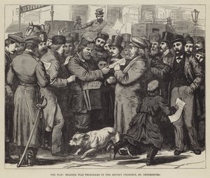 La guerra, lettura dei telegrammi di guerra nella Prospettiva Nevsky, San Pietroburgo (incisione) da English School