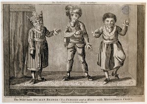 Gli Esseri Umani Nati Selvaggi (Due Femmine e un Maschio) con Gozzi Mostruosi, come Esibiti al Haymarket, stampato per Carington Bowles, 1787 da English School