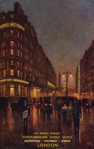 I famosi hotel di Northumberland Avenue, Metropole, Victoria, Grand, Londra (litografia a colori)