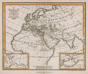 Il mondo conosciuto dagli antichi, mostrando la dispersione e il presunto insediamento dei discendenti di Noè da English School