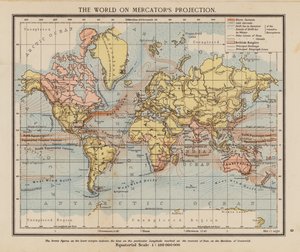 Il mondo nella proiezione di Mercatore (litografia a colori)
