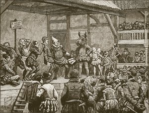 Rappresentazione di una delle opere di Shakespeare ai tempi della regina Elisabetta, illustrazione da Cassells Illustrated History of England da English School