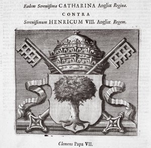 Le armi di Papa Clemente VII, illustrazione da Atti e Monumenti di John Foxe, nona edizione, pub. 1684