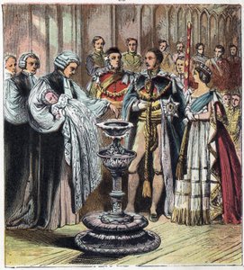 Il battesimo del Principe di Galles, che divenne Re Edoardo VII (1841-1910), alla presenza dei suoi genitori, la Regina Vittoria I (1819-1901) e il Principe Alberto di Sassonia Coburgo Gotha da English School
