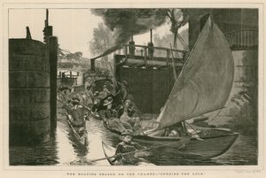 La stagione nautica sul Tamigi - apertura della chiusa (incisione)