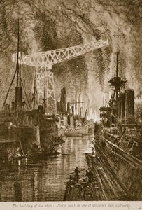 La costruzione delle navi: lavoro notturno in uno dei vasti cantieri navali britannici, 1914-19