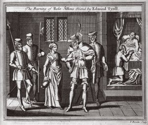 Il rogo della mano di Rose Allins da parte di Edmund Tyrill, illustrazione da Foxes Martyrs c.1703