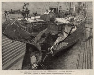 La collisione tra la SS Toreador e La Bourgogne; vista del Toreador in banchina a Liverpool