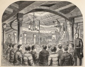La cappella dei detenuti a bordo della nave Defence hulk a Woolwich, illustrazione da The Criminal Prisons of London and Scenes from Prison Life di Henry Mayhew e John Binny, pub. 1862
