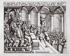 La descrizione del Concilio dei Papi tenuto a Roma, in cui apparve un gufo mostruoso, a totale discredito del Papa e di tutto il suo clero, illustrazione da Atti e Monumenti di John Foxe, nona edizione da English School