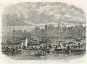 La Blondin femminile che attraversa il Tamigi da Battersea a Cremorne su una corda tesa da English School