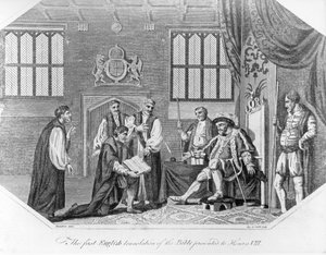 La prima traduzione inglese della Bibbia presentata a Enrico VIII, 1824 da English School