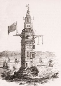 Il primo faro eretto sugli scogli di Eddystone, Plymouth, Devon, Inghilterra da English School