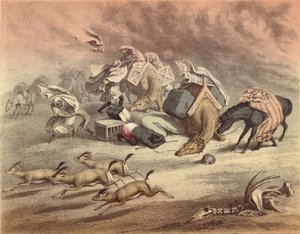 Il grande deserto africano, carovana di cammelli, cavalli e asini, sorpresi dal Simoom, gazzelle spaventate da English School